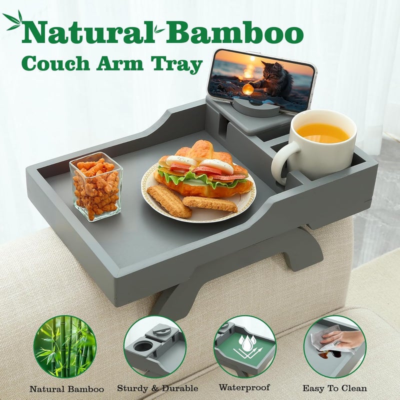 GHKINMAL Couch Cup Holder, 4-in-1 Side Couch Arm Tray with Phone Holder, Sofa Clip on Side Table for Wide Couches Arm, Suitable for Home Drinks/Remote/Snacks-Grey - Image 3